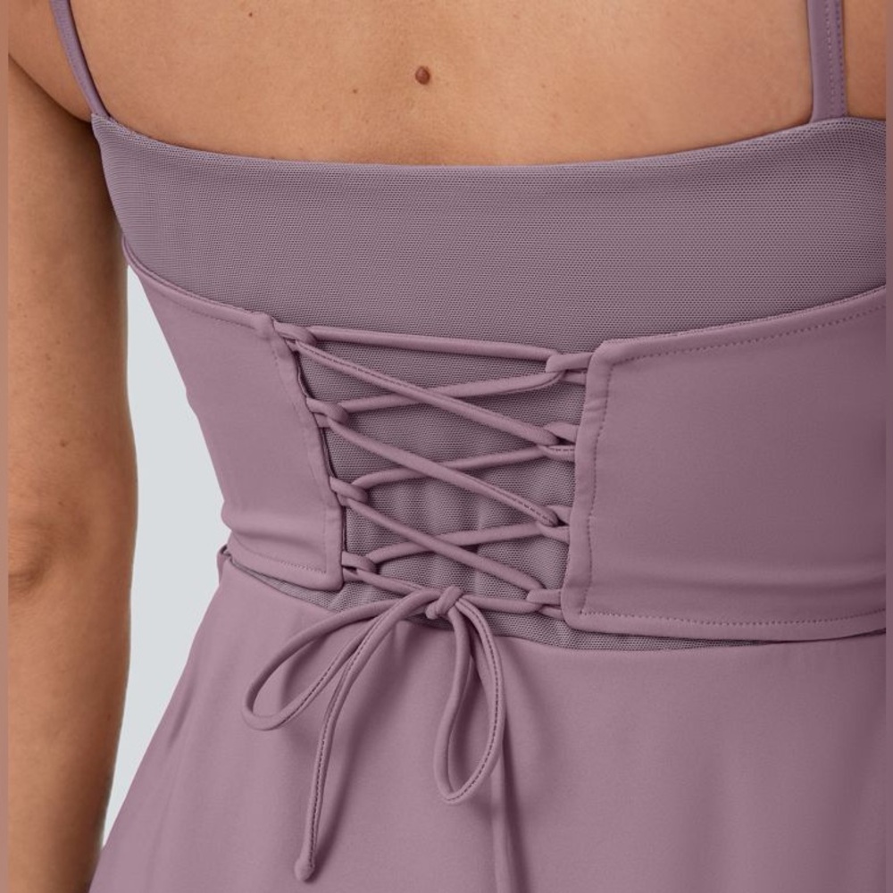 Halara Airy Softlyzero Ruffle Backless Lace Up Mesh Flare Mini Dress Elderberry - Picture 9 of 17